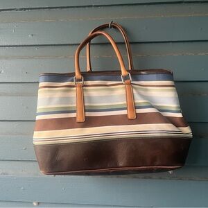 Vintage Coach Striped Canvas Shoulder Bag With Leather Handles and Base.